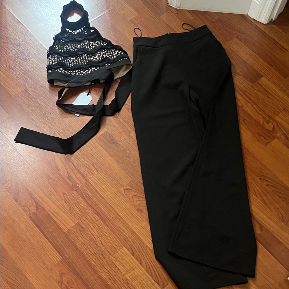 Elegant Black Lace Halter Top and Pants Set